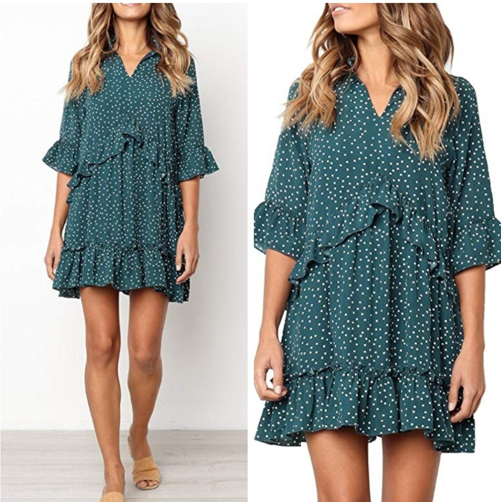 Boho Green polka dot ruffle tunic dress